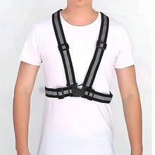 Black reflective running safety belt with adjustable shoulder straps and chest buckle
