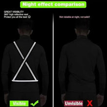 Black reflective safety belt shown from the back with bright silver crossing stripes