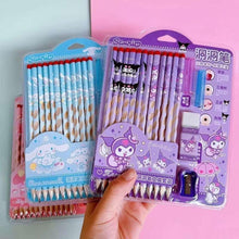 Purple and blue Sanrio character pencil set with sharpener, hand holding pencils