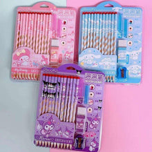 Sanrio character pencil set combo: pink, blue, and purple packs with sharpener