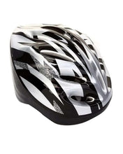 Lightweight skating helmet, black shell with white swirl and stripe graphics