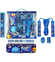 Kids space stationery set pieces: pencil case, pens, erasers, sharpener, and ruler