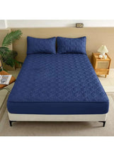 Waterproof mattress protector, navy blue quilted top with elastic side skirt