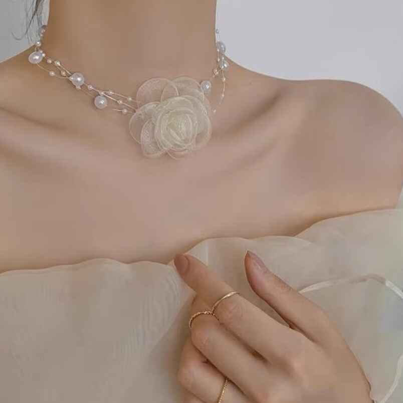 Huitich White Rose Pearl Choker Necklace Elegant Design - Mumzar