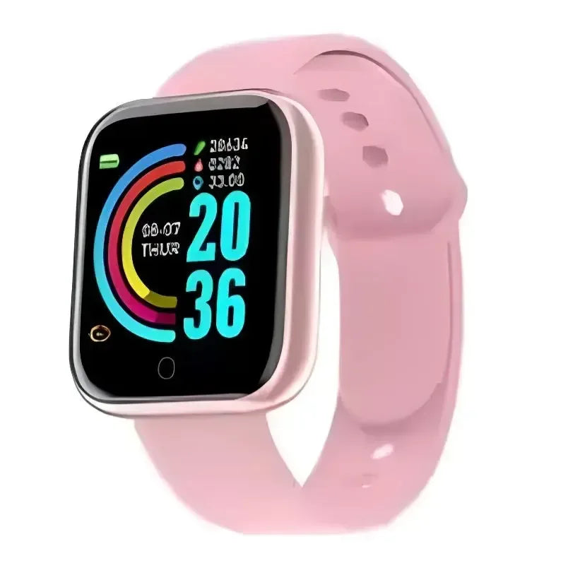 Fitness tracker smartwatch with pink silicone strap and square black display.