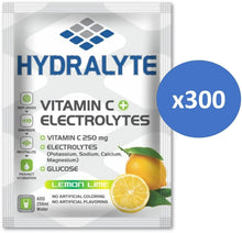 Hydralyte vitamin C + electrolytes drink mix sachet with x300 badge, lemon lime