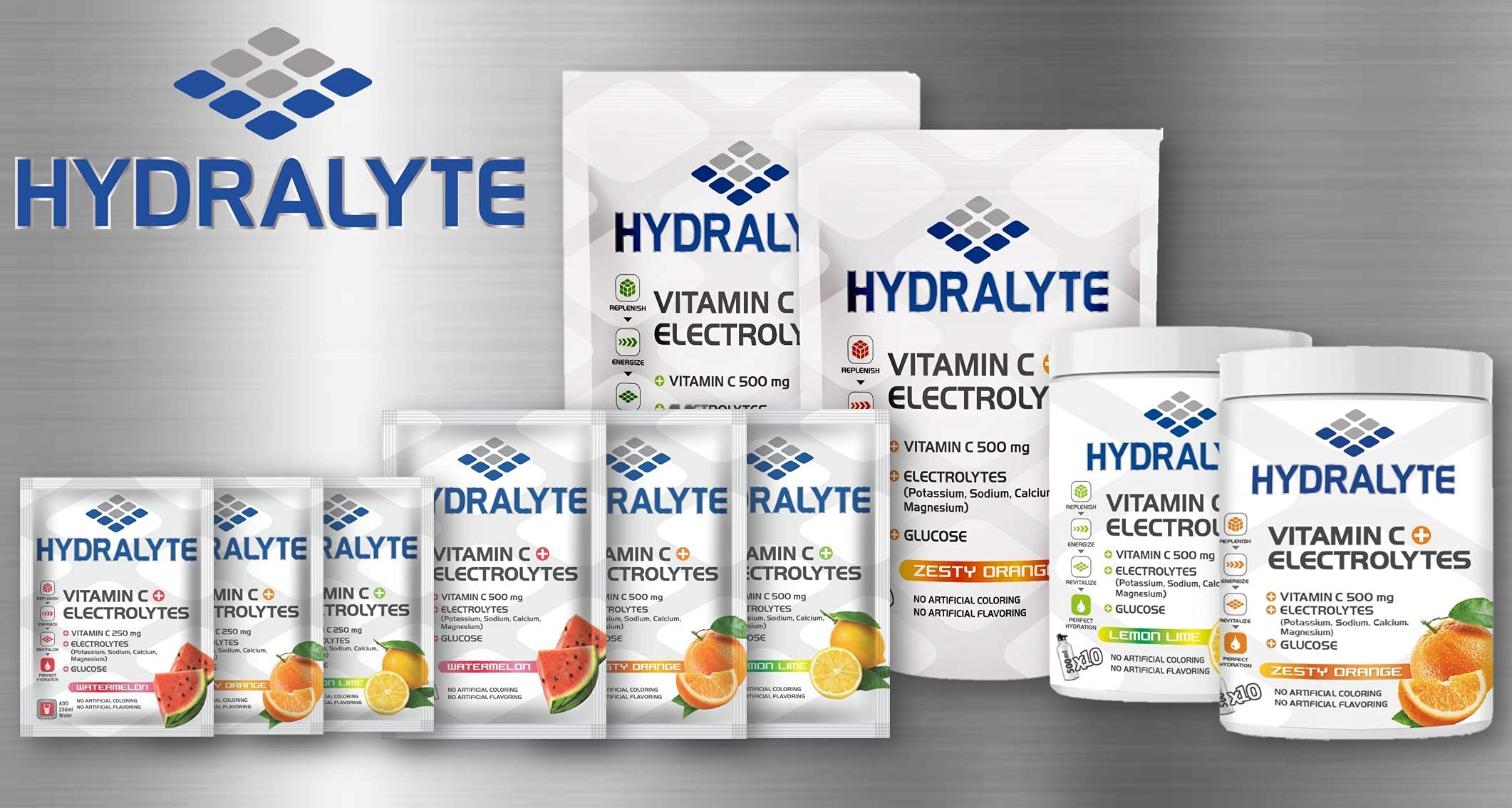 Hydralyte vitamin C electrolyte hydration powder cans and sachets in assorted citrus and berry flavors