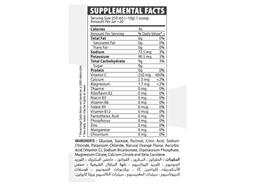 Hydralyte hydration sports drink powder orange flavor supplement facts label showing nutrition facts and ingredients