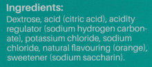 Ingredients text panel for orange flavored effervescent tablets on a teal label