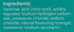Close up ingredients label listing dextrose citric acid potassium and sodium chloride for electrolyte effervescent tablets orange