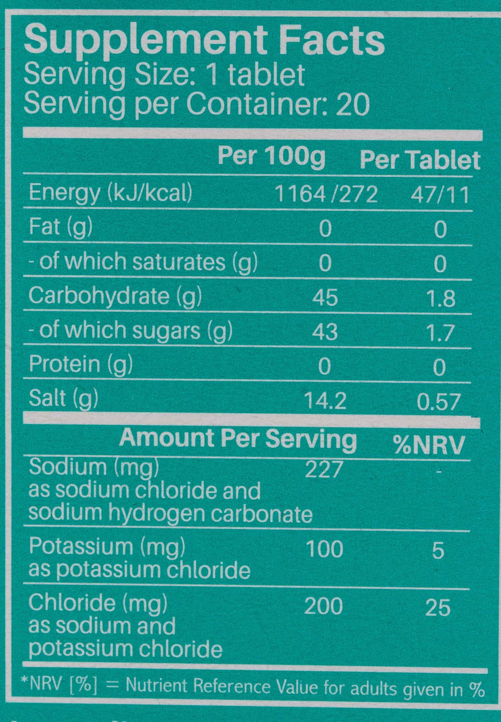 SUNSHINE NUTRITION Supplement Facts label showing serving size and minerals for electrolyte effervescent tablets orange