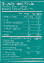Supplement facts panel with nutrition per tablet and per 100g for effervescent tablets