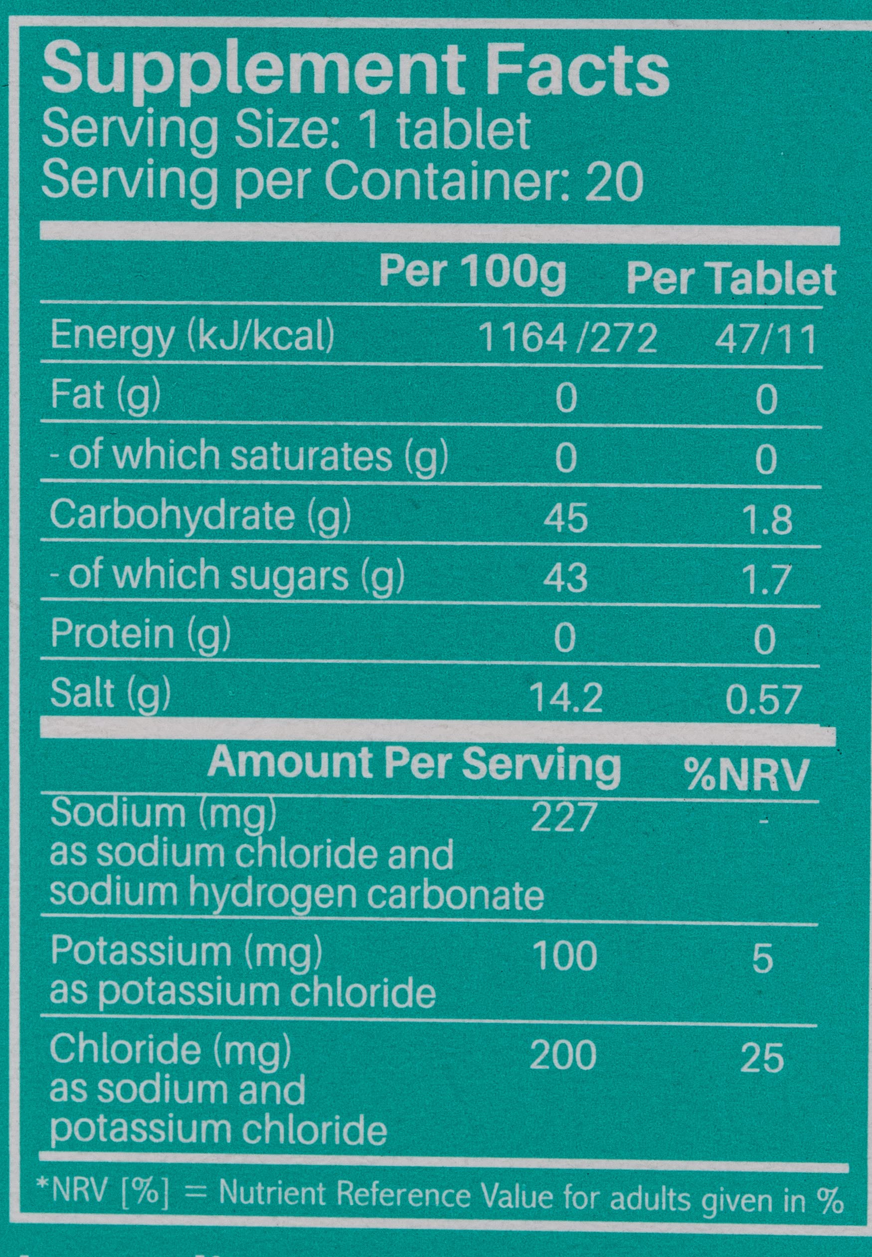 SUNSHINE NUTRITION Supplement Facts label showing serving size and minerals for electrolyte effervescent tablets orange