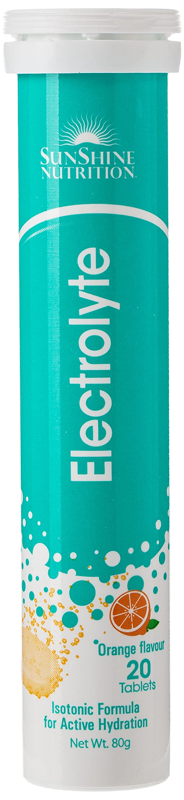 SUNSHINE NUTRITION tube of electrolyte effervescent tablets orange 20 count orange flavor hydration tablets