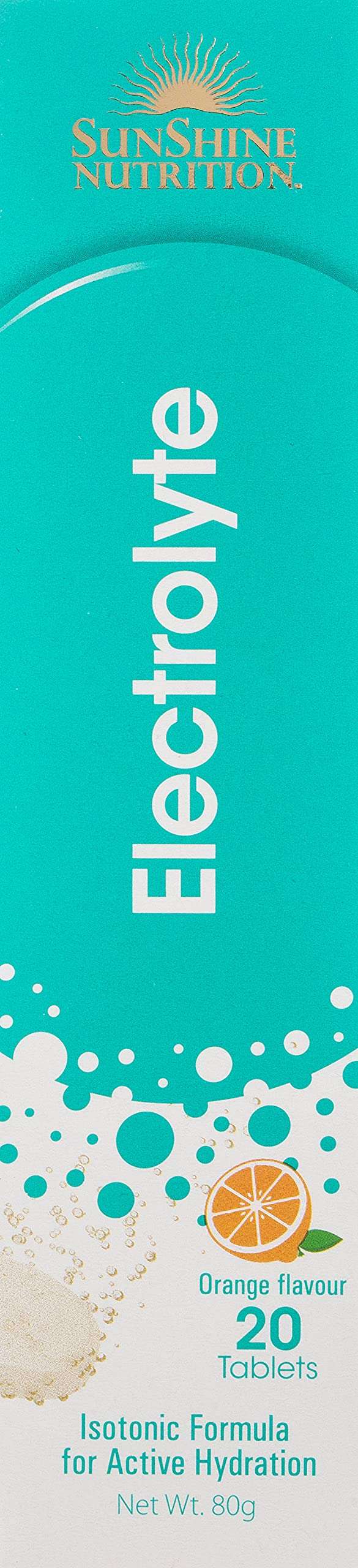 SUNSHINE NUTRITION box of electrolyte effervescent tablets orange 20 isotonic tablets for active hydration