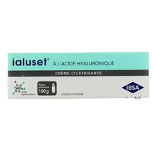 ialuset hyaluronic acid cream carton, teal top and white body with IBSA logo