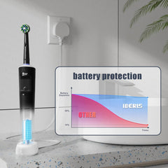 Oral B Pro 3 electric toothbrush charger with black toothbrush on IBERLS charging base and battery protection chart