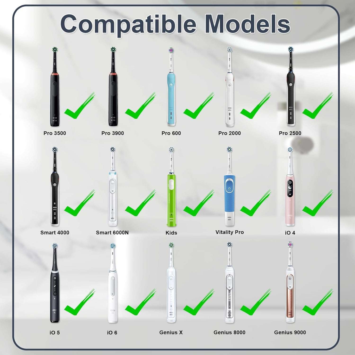 Oral B Pro 3 electric toothbrush charger compatibility chart showing multiple compatible Oral B models with check marks