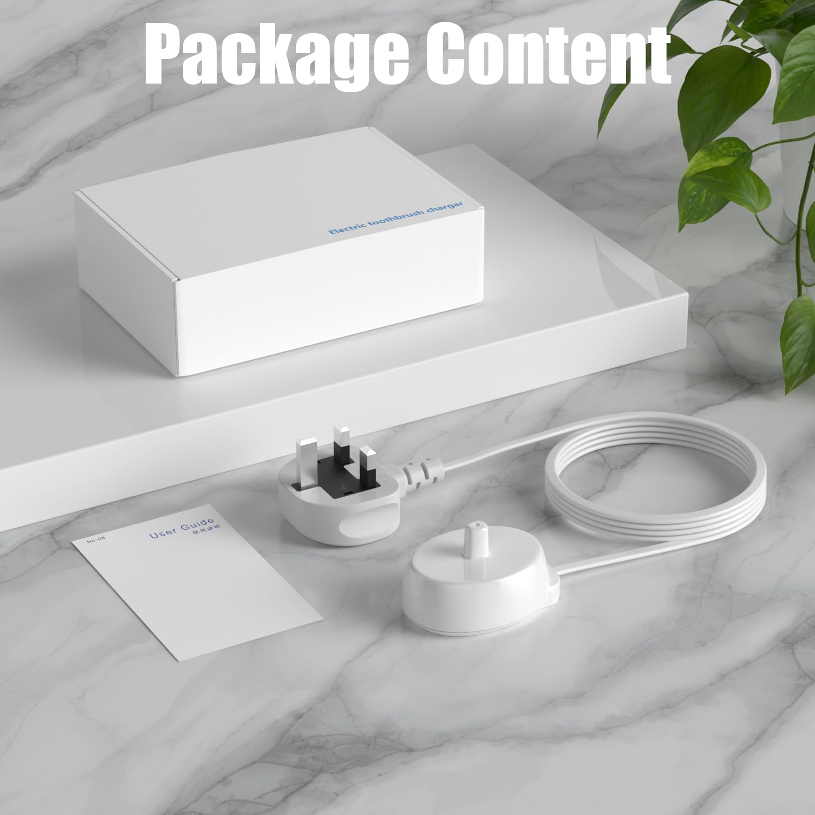 Oral B Pro 3 electric toothbrush charger with UK plug round charging base cable and user guide on marble surface