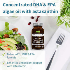 Igennus concentrated DHA and EPA algae oil bottle with salad capsules and fork highlighting astaxanthin vegan omega 3 supplement UAE