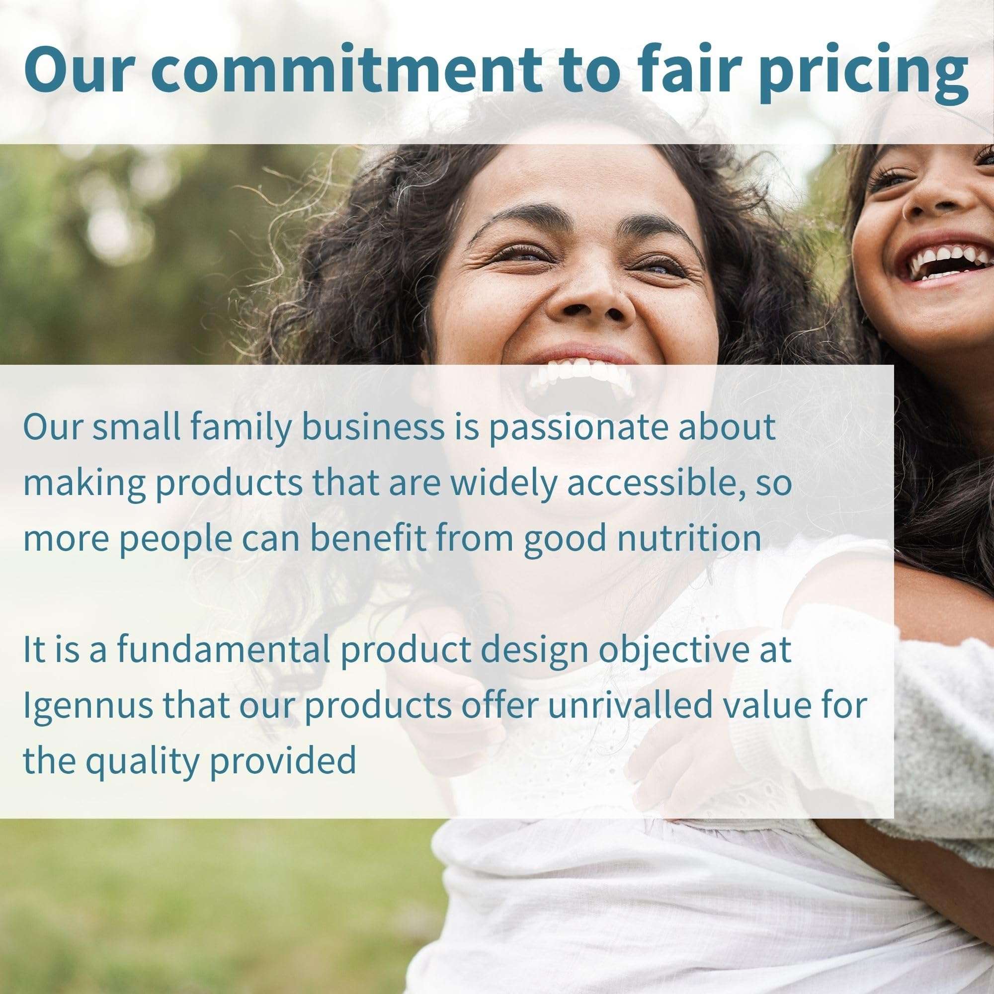Igennus family smiling outdoors with fair pricing message about vegan omega 3 supplement UAE