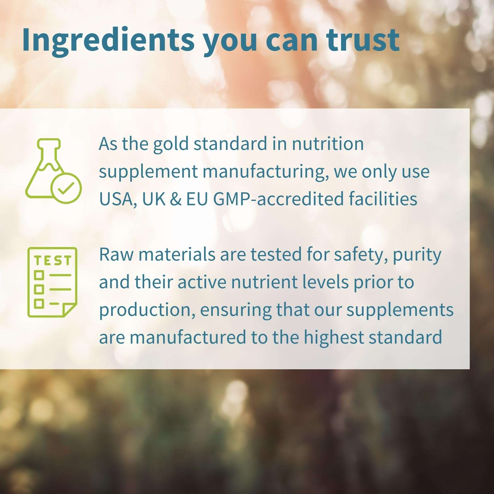 Igennus ingredients you can trust banner showing GMP testing icons and quality text for vegan omega 3 supplement UAE