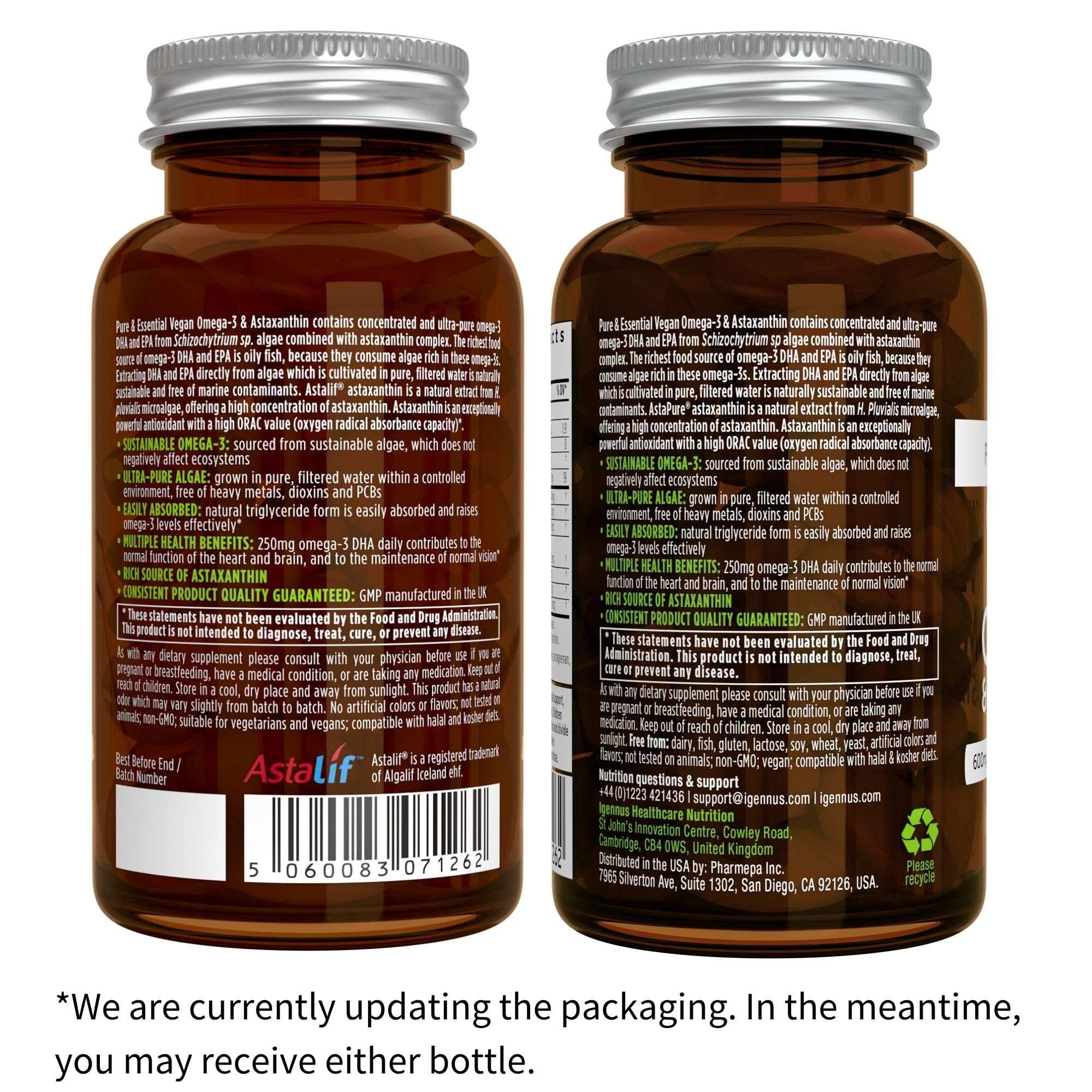 Igennus vegan omega 3 supplement UAE two amber glass bottles with silver lids and detailed back labels showing ingredients