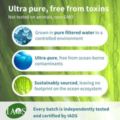 Igennus algae oil label highlighting ultra pure grown in filtered water sustainably sourced IAOS tested vegan omega 3 supplement UAE