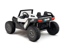White/black electric ride-on UTV for kids with roll bar and four tread tires