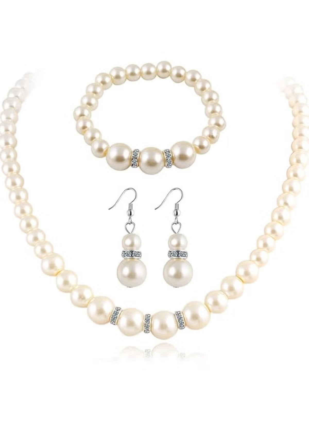 Huitich imitation pearl jewelry set with necklace bracelet and earrings featuring rhinestone accents