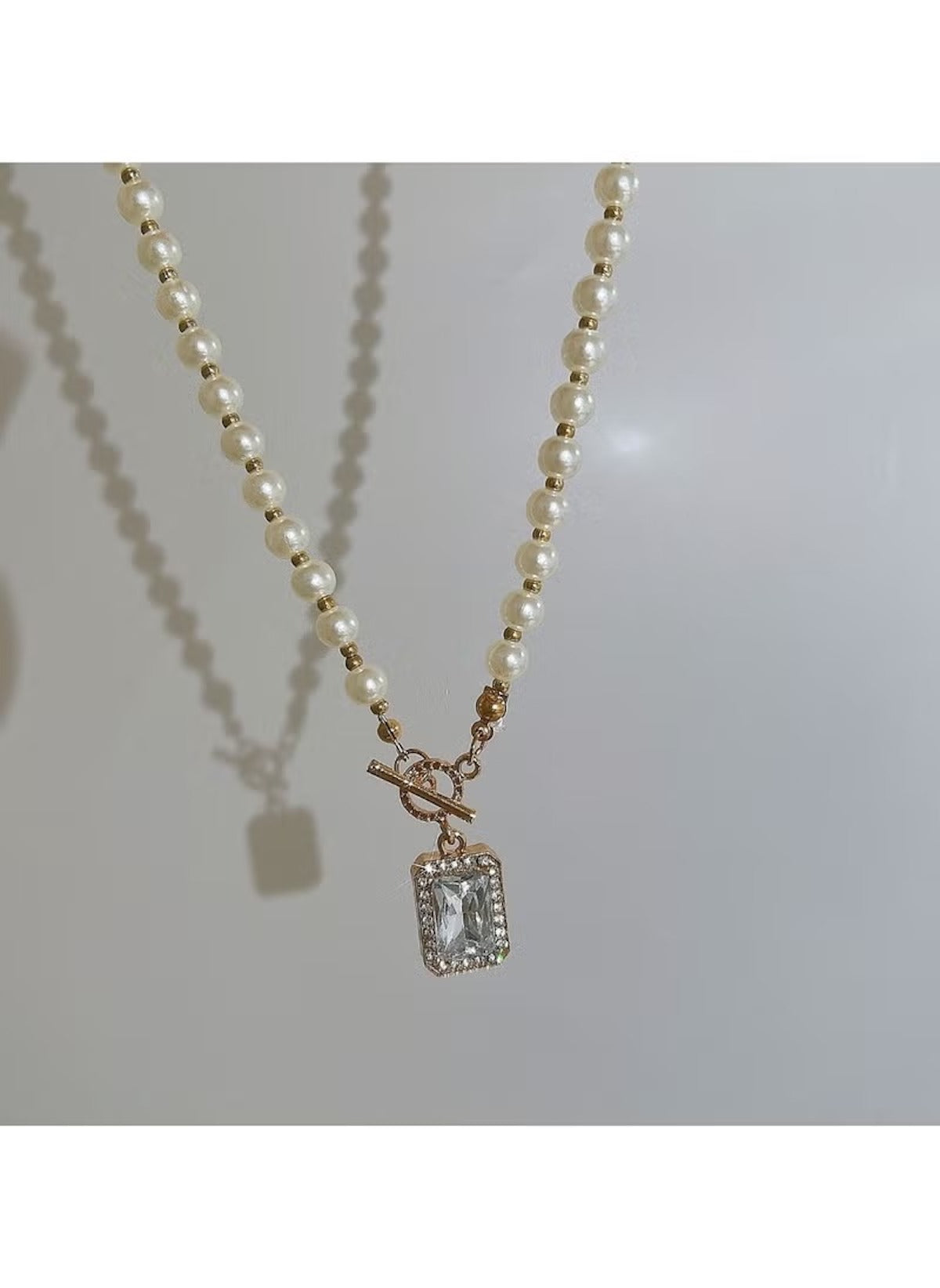 Huitich imitation pearl necklace for women with rectangular crystal pendant and gold clasp
