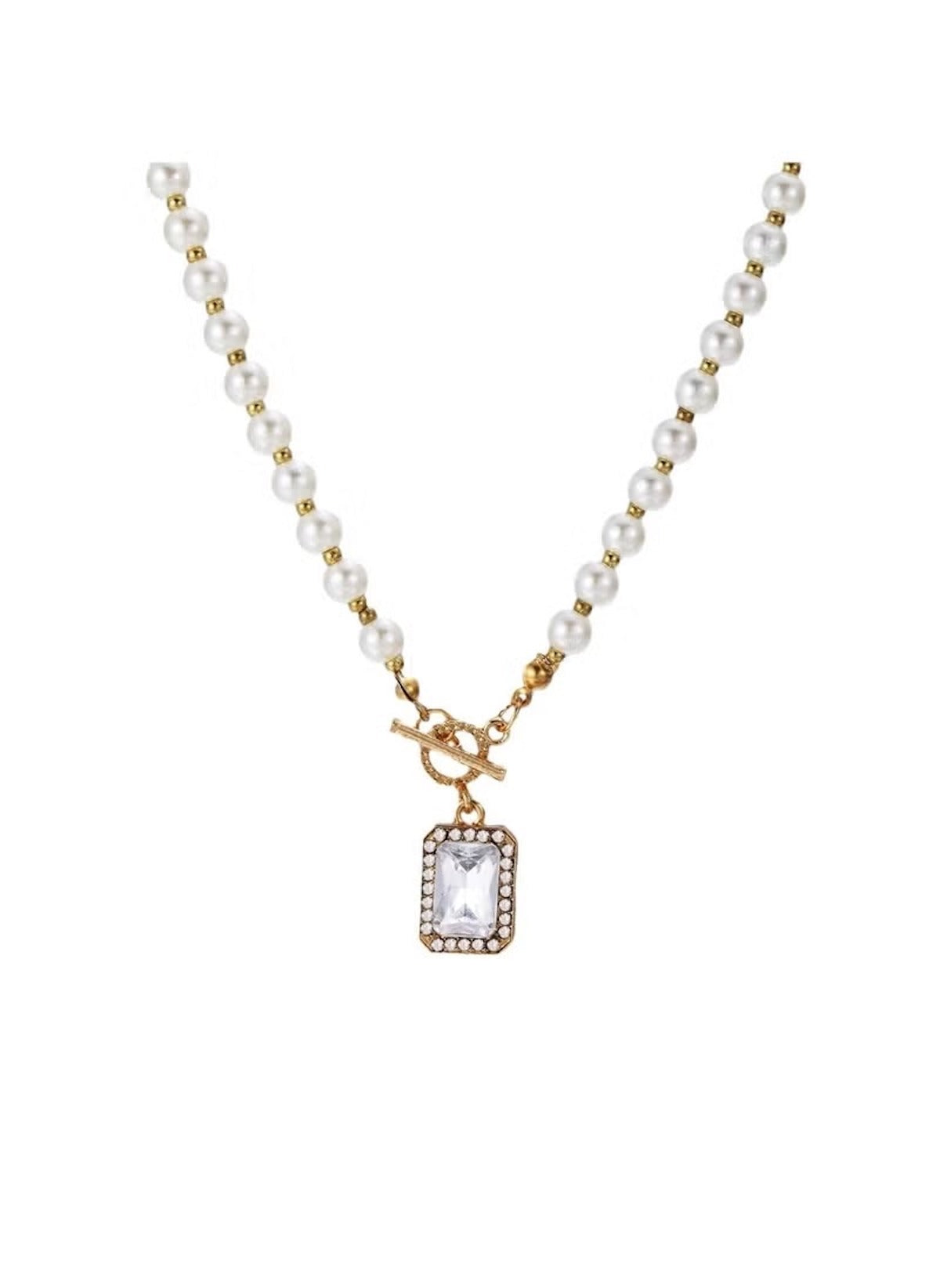 Huitich imitation pearl necklace for women featuring gold accents and a rectangular crystal pendant