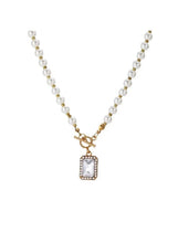 Imitation pearl necklace with gold-tone chain and square pendant
