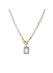 Huitich imitation pearl necklace for women featuring gold accents and a rectangular crystal pendant