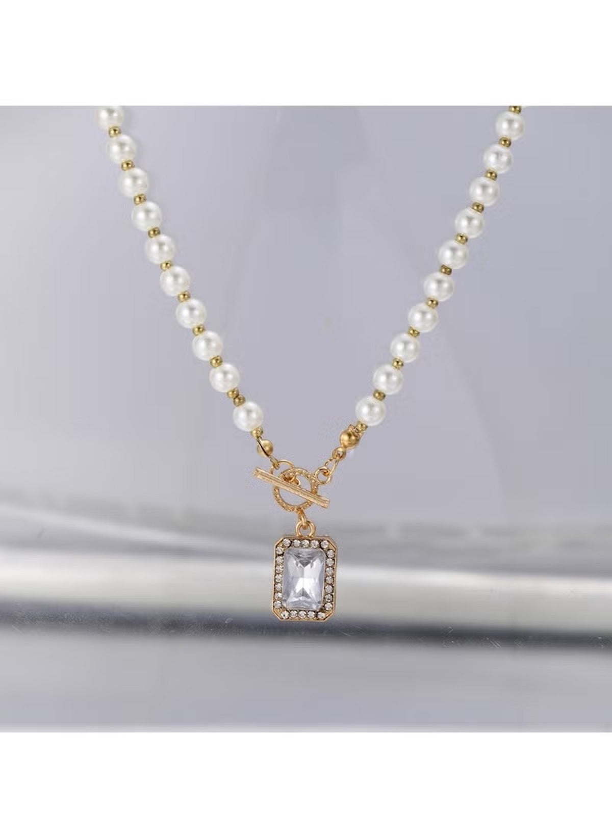 Huitich imitation pearl necklace for women with gold chain and rectangular crystal pendant