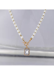 Huitich imitation pearl necklace for women with gold chain and rectangular crystal pendant
