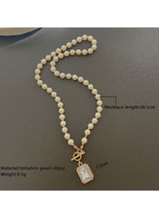 Huitich imitation pearl necklace for women with alloy chain and rectangular pendant