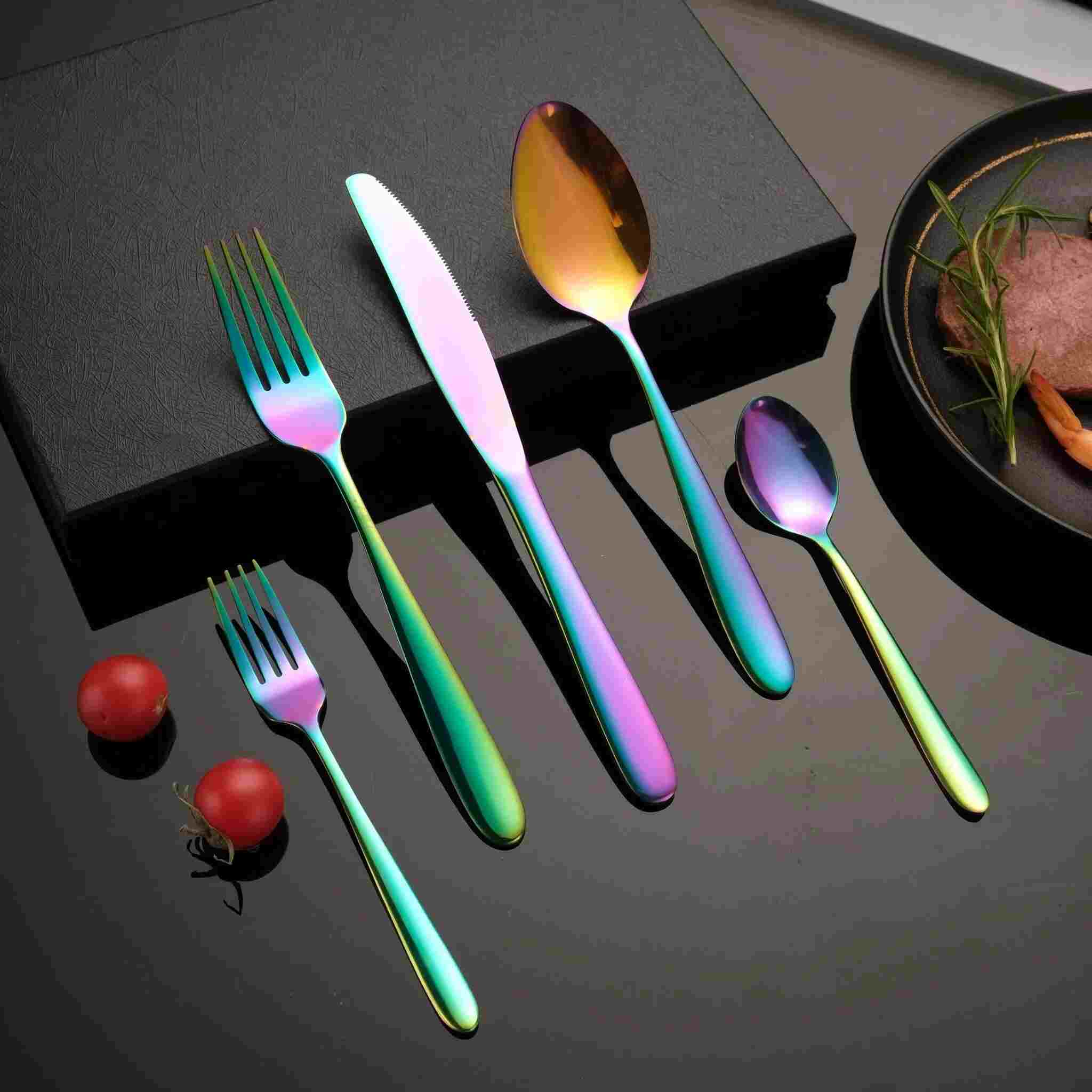 Huitich modern rainbow spoon fork knife set steel cutlery with vibrant iridescent finish