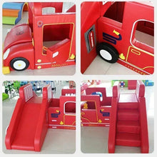 Red soft indoor fire truck playset interior with slide ramp and side openings