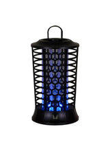 Indoor mosquito killer lamp with black protective cage and blue UV grid glow