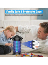 Mosquito killer lamp with black protective cage and blue UV grid on indoor surface