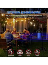 Mosquito killer lamp with black protective cage and blue UV glow for outdoor patios