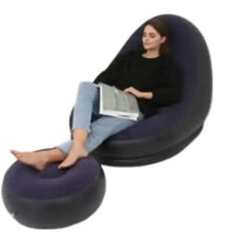 Inflatable chair with footrest, dark purple seat and matching ottoman