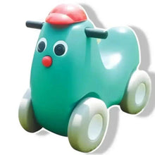 Teal plastic toy dog ride-on car with red top and four white wheels