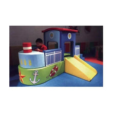Kids soft play ship structure with yellow slide and padded walls, blue green red