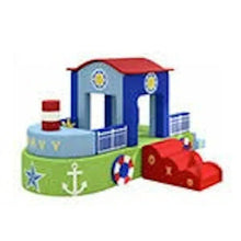 Kids soft play ship-shaped climbing and sliding set, blue and red with slide