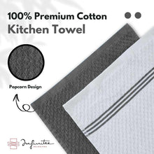 Cotton kitchen towel with popcorn texture, dark gray and white stripe design