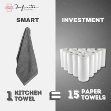 Single dark gray cotton kitchen towel with subtle textured weave and striped trim