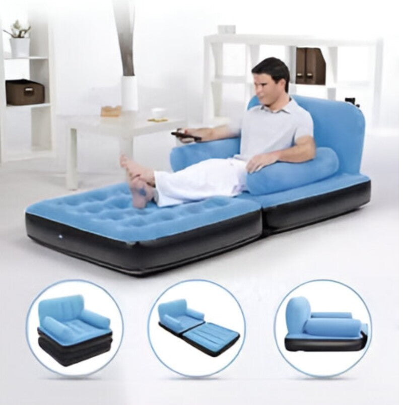 Huitich inflatable bed with armrests in blue and black used as an inflatable lounge chair with adjustable backrest