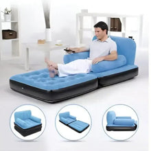 Blue inflatable lounge chair bed with armrests, illustrated with use-position icons